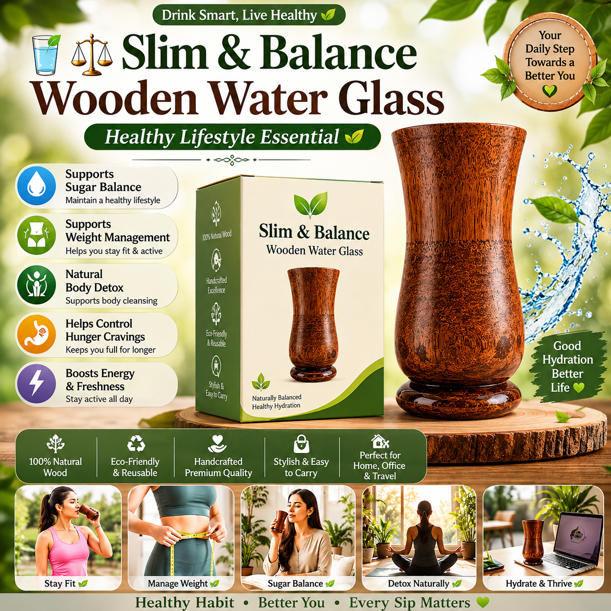 🍃💚 Wellness Wooden Water Glass – Weight & Sugar Support🪵 ( 300 ML)
