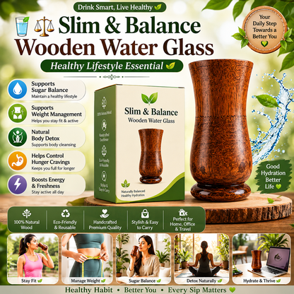 🍃💚 Wellness Wooden Water Glass – Weight & Sugar Support🪵 ( 300 ML)