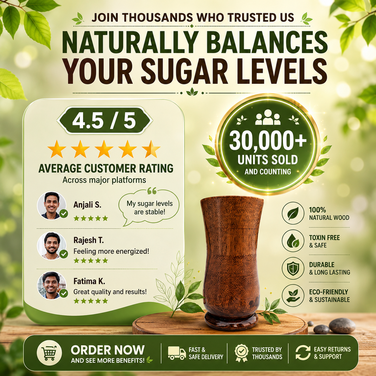 🍃💚 Wellness Wooden Water Glass – Weight & Sugar Support🪵 ( 300 ML)