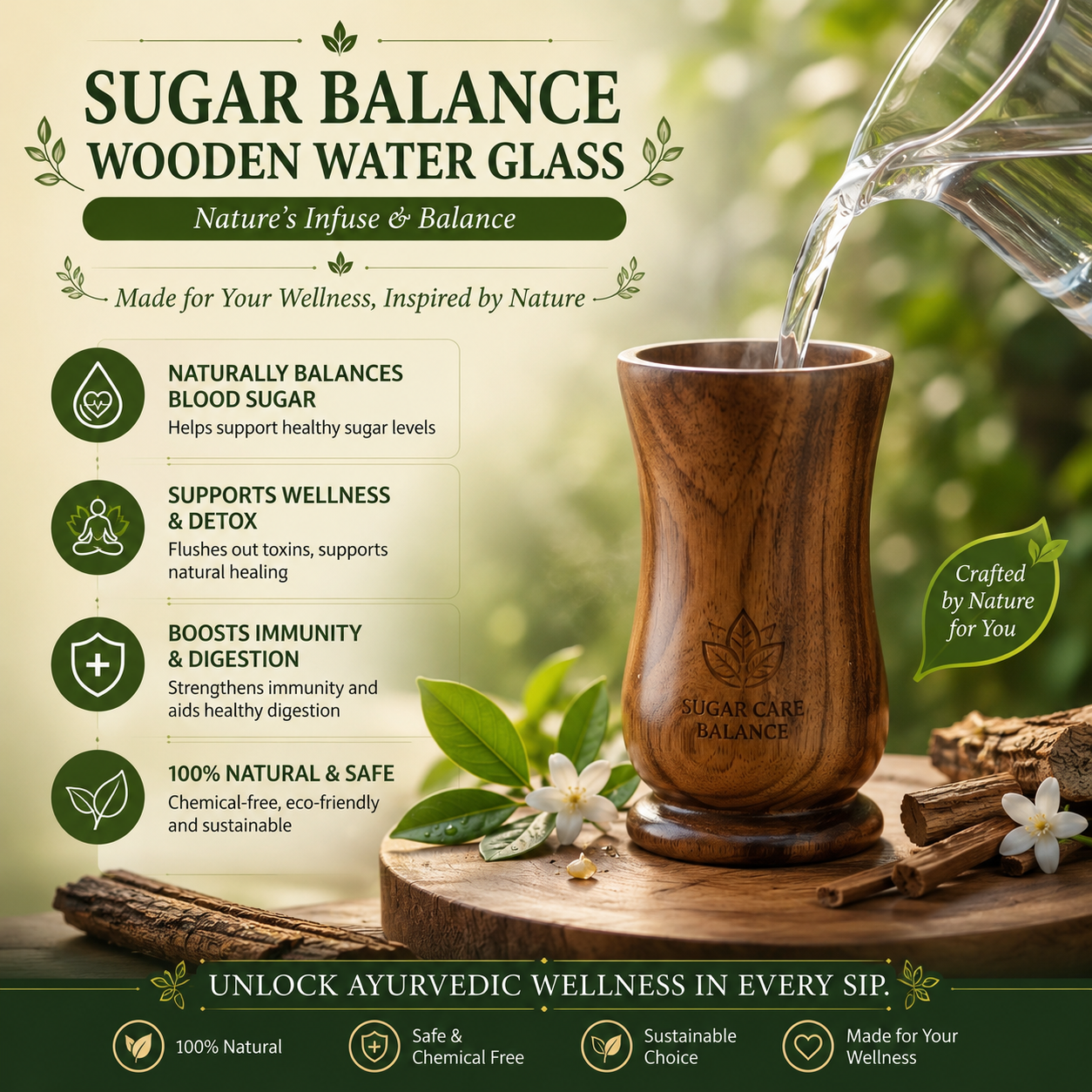 🍃💚 Wellness Wooden Water Glass – Weight & Sugar Support🪵 ( 300 ML)