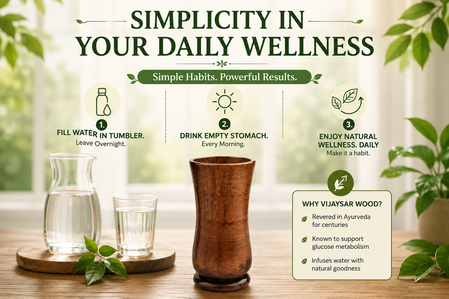 🍃💚 Wellness Wooden Water Glass – Weight & Sugar Support🪵 ( 300 ML)